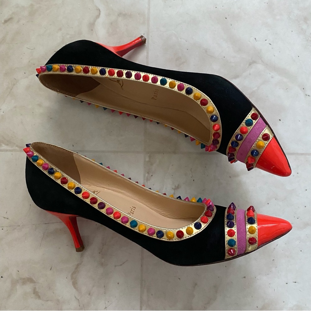 Christian Louboutin Multicolor Suede Leather Malabar Hill Spiked Pumps Heels 9 - Picture 3 of 13